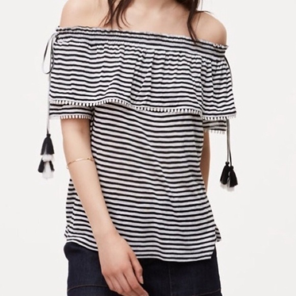 LOFT Women’s Off Shoulder Striped Tasseled Summer Top Size Large - Picture 1 of 9